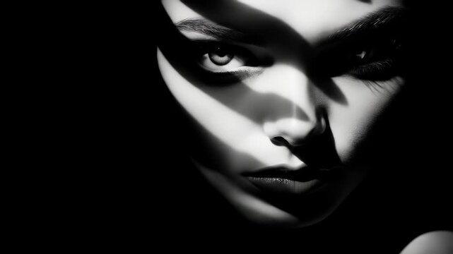 Cinematic portrait of a mysterious woman's face in black and white with dramatic shadow and light. High-contrast artistic film noir concept. 4K video animation.