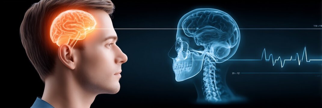 26 year old male in ICU after craniotomy with an MRI style X ray showing glowing depiction of skull flap replacement