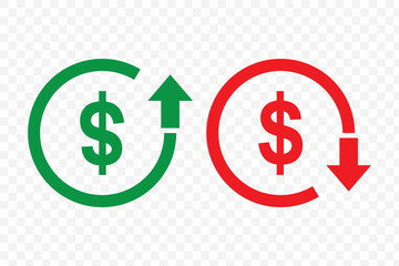 Money increase or decrease icon set. dollar decrease increase symbol. profit and lose signs. cost reduction icon vector. EPS 10.