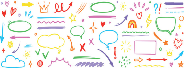 Line sketch star, text, arrow, heart decoration element icon set. Hand drawn sketch doodle cute star, emphasis, flower element. Pen line, brush, love text decoration shape icon. Hand drawn vector