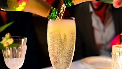Pouring champagne into a flute glass at a table with flowers and candles in a dimly lit setting - Powered by Adobe