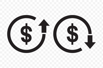 Money increase or decrease icon set. dollar decrease increase symbol. profit and lose signs. cost reduction icon vector. EPS 10.