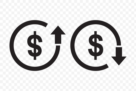 Money increase or decrease icon set. dollar decrease increase symbol. profit and lose signs. cost reduction icon vector. EPS 10.