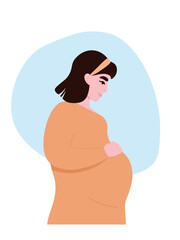 Pregnant woman in profile put her hand on her belly. Waiting for the birth of a child. Vector flat graphics.