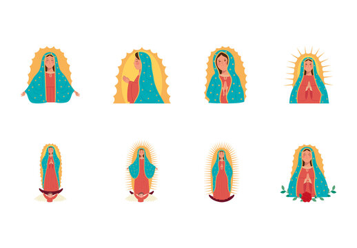 Colorful Virgen Guadalupe Mexican Catholic Religion Illustrations Set