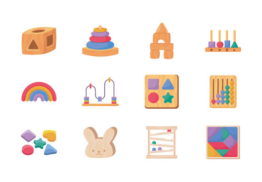 Colorful Wooden Toys Educational Illustrations Set