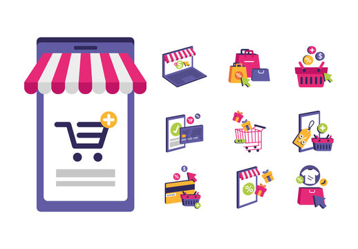 Colorful Ecommerce Shopping Online 3D Icons Set