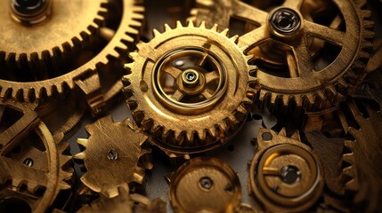 Intricate Golden Gears Interlocking, Detailed Close-Up of Mechanical Clockwork System