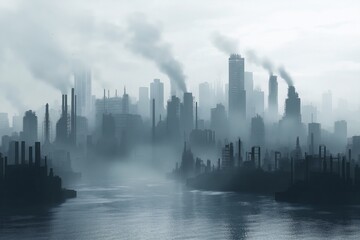 Fototapeta premium Urban Pollution and Smog. Misty Cityscape Reflected in Water Amid Industrial Smokestacks