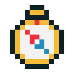 Pixel art compass emoji in retro 8 bit style isolated on white background. Red and blue needle over a white circular face with yellow and black border. Perfect for maps, navigation apps, retro games