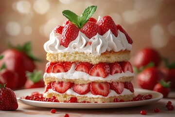 Delicious Fresh Strawberry Layered Cake with Whipped Cream. A Festive Birthday Dessert Treat