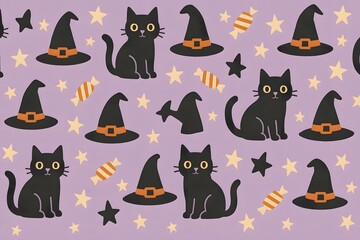 Fototapeta premium Halloween Background with Black Cats and Witch Hats on Lavender, AI generated