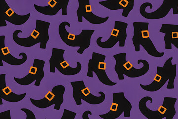 Halloween Pattern with Varied Witch Boots on Purple Background, AI generated