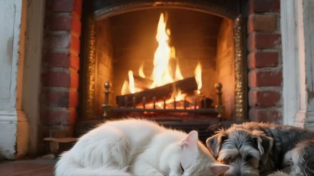 Gato y perro durmiendo juntos muy cerca de la chimenea