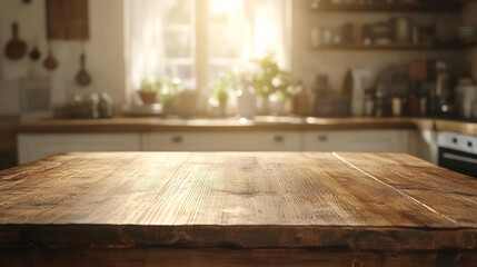 Wooden tabletop surface presented in front of a softly blurred kitchen background, perfect for design or product placement
