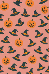 Halloween Pattern with Tiny Witch Hats and Pumpkins on Rose Background, AI generated