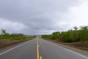 Highway with black asphalt and yellow lines in the rural area, green trees on sides, cloudy spring blue sky.