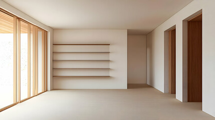Obraz premium Empty Modern Beige Interior With Wooden Shelves And Large Windows