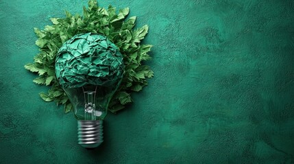 Green Lightbulb with Leaves, Sustainable Concept, Environmental,  Creative