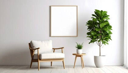 Gallery Wall Room with Sculptural Green Focal Plant. Interior Design Mockup