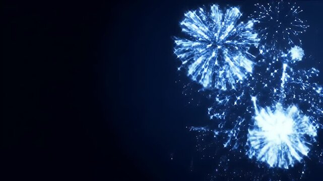 A dramatic celebration animation with vibrant blue fireworks exploding and sparkling along the right edge of the frame.