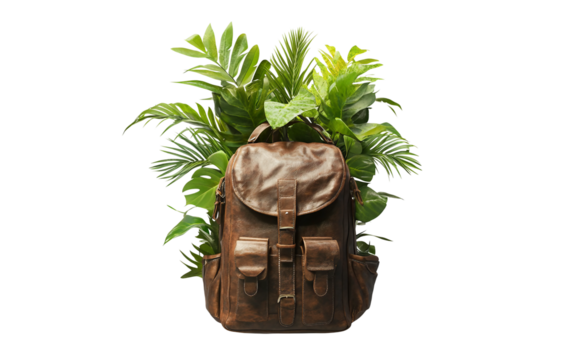 A floating leather backpack adorned with vibrant tropical patterns capturing the essence of adventurous travel and bold style isolated on transparent background PNG