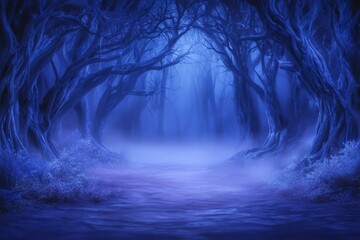 Pathway through a dense, autumnal forest, characterized by an eerie blue tone and enveloped in cold, foggy darkness