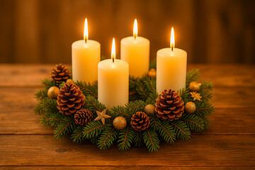 Advent wreath with four lit candles and pine cones