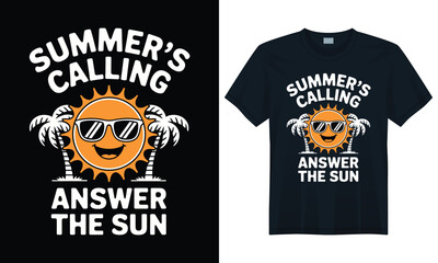 Cool sun with sunglasses and tropical palms fun summer vacation illustration for t-shirt design