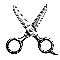 Vintage sketch of opened scissors hand-drawn in black and white  