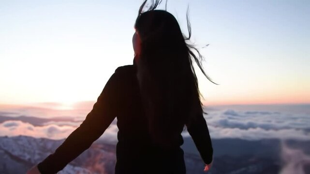 Woman silhouette arms outstretched mountain top freedom scenic view nature photography