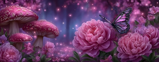 A dreamy elf forest filled with magical fantasy mushrooms and fabulous fairytale elements, such as a blooming pink rose flower and a butterfly, unfolds on a mysterious background, with shiny glowing