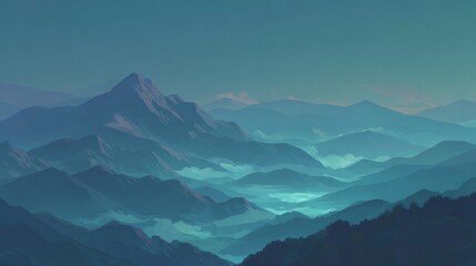 Fantastic fairytale mountain landscape set against turquoise skies with green surreal mountains
