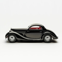 Fototapeta premium Black Classic Car Model on White Background – Vintage Collectable Toy Vehicle in Side View, Retro Automobile Miniature