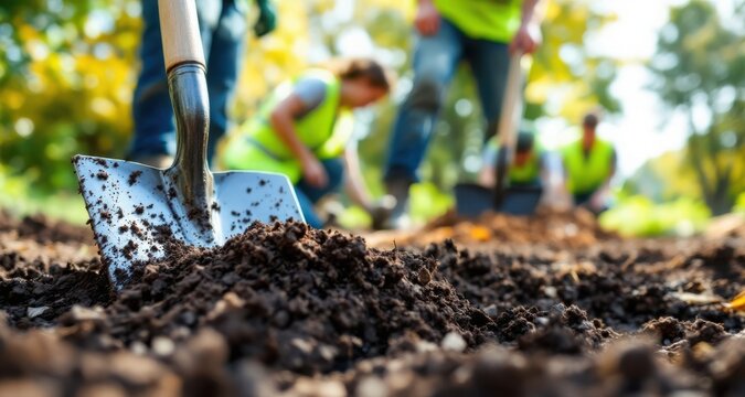 Teamwork planting trees nature conservation environmental sustainability soil garden volunteer community effort
