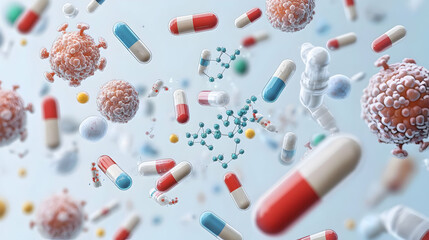 Abstract Floating Medicine And Virus Cells Illustration