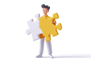A cartoon character holds two puzzle pieces, one white and one yellow