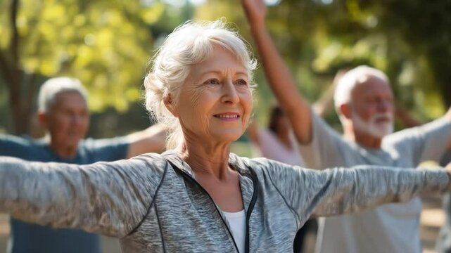 A group of seniors participates in a lively outdoor workout in a park filled with trees and sunlight, fostering community and encouraging fitness while enjoying each other's company