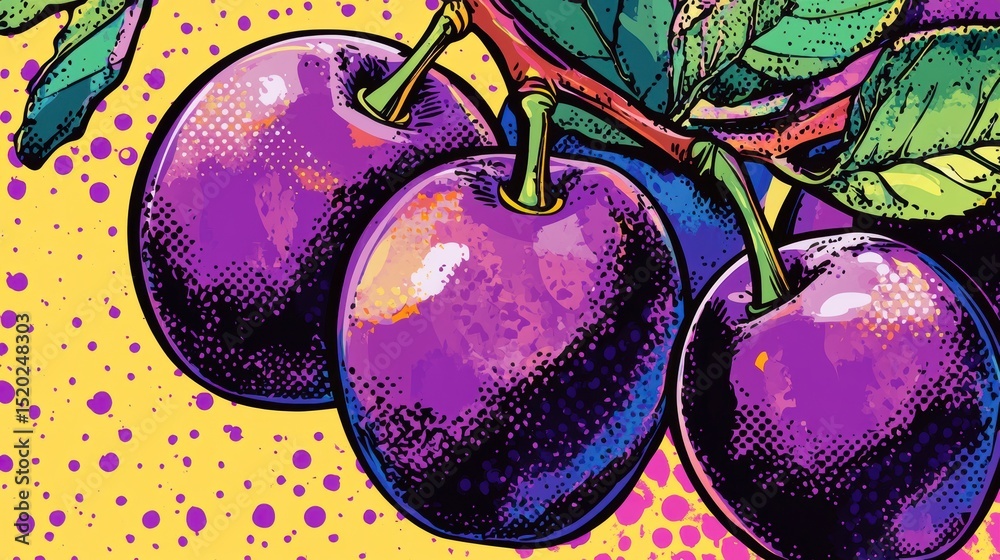 Poster three ripe plums on a branch with vibrant pop art style.