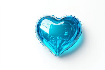 blue foil balloon in the shape of a heart with a tint of mirror on a pure white background	