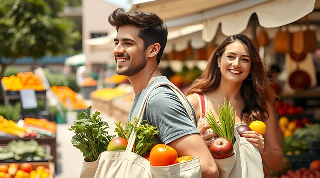 Young couple shopping at market. Eco-friendly grocery shopping at farmers market - Powered by Adobe