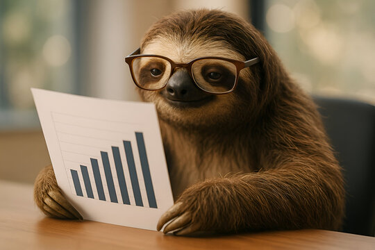 Sloth in glasses reviewing business growth chart