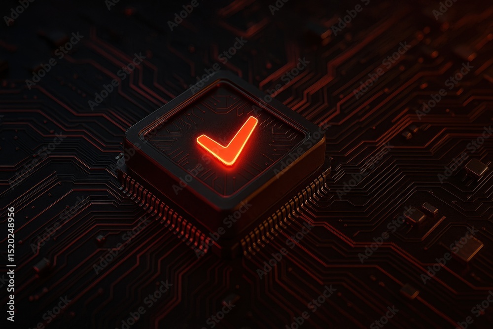 Poster red checkmark on black chip against circuit board background.