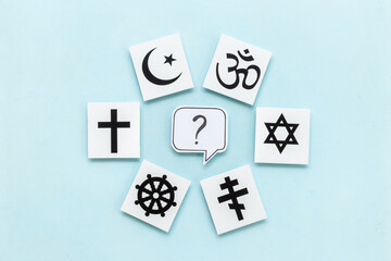 World religious symbols - Christianity cross, Islam crescent, Buddhism dharma wheel, Hinduism aum, Judaism David star top view