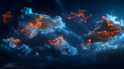 Glowing Fire Clouds In Night Sky