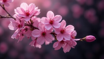Obraz premium Close-up of beautiful pink cherry blossom flowers blooming on a tree branch in spring