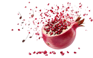 Floating pomegranate bursting open with vibrant explosion of musical notes isolated on transparent background PNG