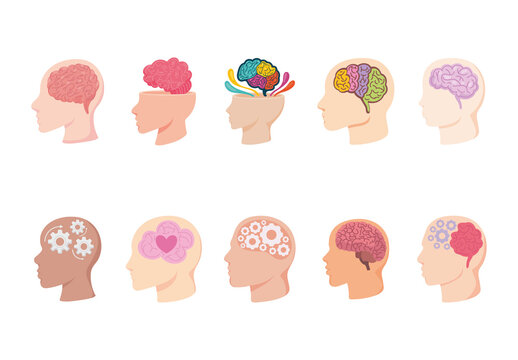 Colorful Brain Profiles Mind Psychology Intelligence Illustrations Set