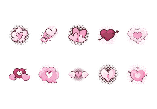 Pink And Fuchsia Love Heart Arrow Comic Illustrations Set