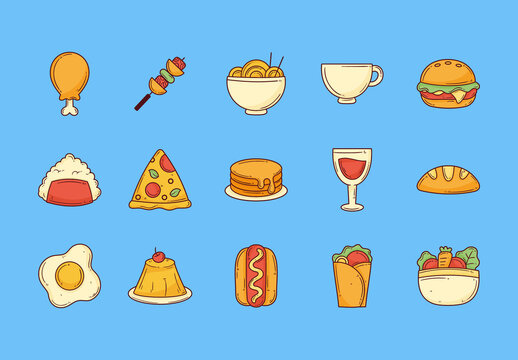 Colorful Fast Food Doodle Delicious Meal Snack Illustrations Set